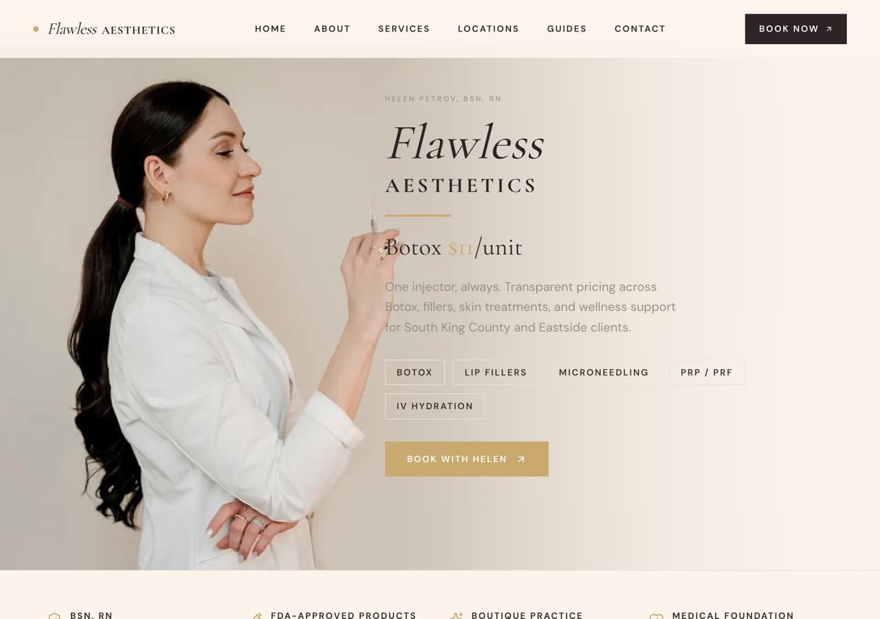 The Flawless Aesthetics website, with service information and consultation booking